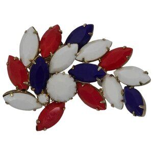 Vintage Americana Patriotic Milk Glass Red White Blue Spray Rhinestone Brooch